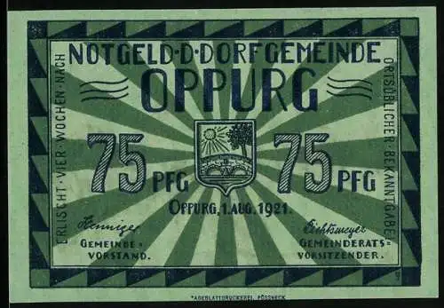 Notgeld Oppurg 1921, 75 Pfennig, Schlossturm aus dem 13. Jahrhundert
