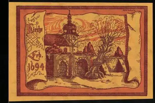 Notgeld Oppurg 1921, 50 Pfennig, Kirche, erb. 1694