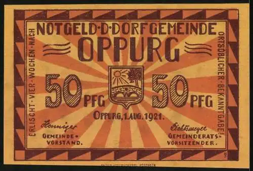 Notgeld Oppurg 1921, 50 Pfennig, Kirche, erb. 1694