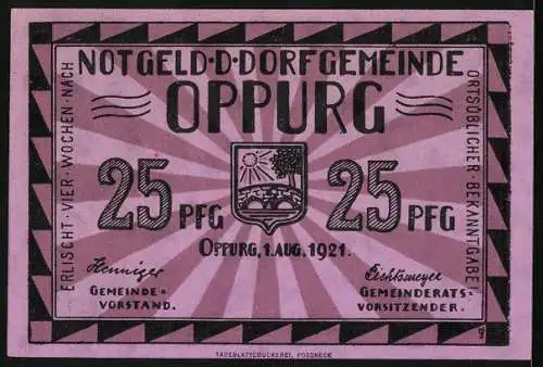 Notgeld Oppurg 1921, 25 Pfennig, Alte Orlabrücke aus dem 16. Jahrhundert
