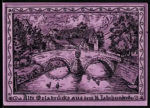 Notgeld Oppurg 1921, 25 Pfennig, Alte Orlabrücke aus dem 16. Jahrhundert