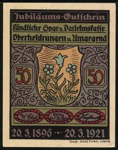 Notgeld Oberheldrungen 1921, 50 Pfennig, Portrait Adolf Gräfer