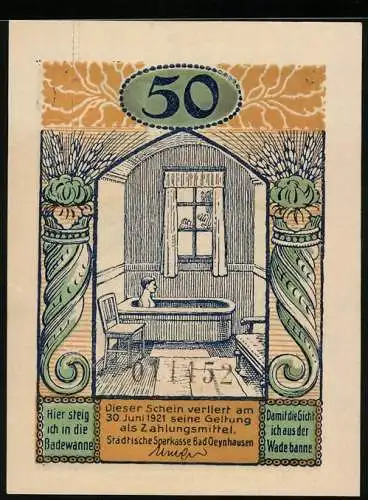 Notgeld Bad Oeynhausen 1921, 50 Pfennig, Mann in der Badewanne