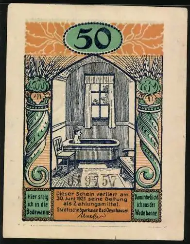 Notgeld Bad Oeynhausen 1921, 50 Pfennig, Quelle und Mann in der Badewanne