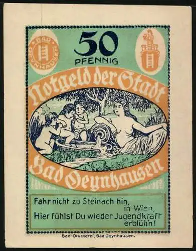 Notgeld Bad Oeynhausen 1921, 50 Pfennig, Frau an Quelle und Mann in der Badewanne