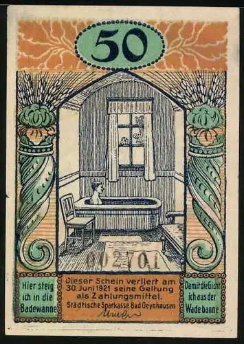 Notgeld Bad Oeynhausen 1921, 50 Pfennig, Mann in der Badewanne und Frau an Quelle