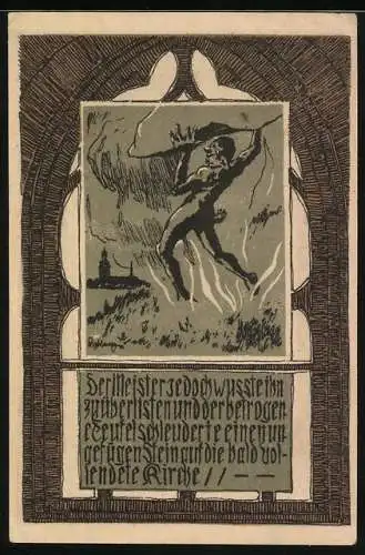 Notgeld Recklinghausen 1921, 50 Pfennig, Kirche und Teufel bei Steinwurf