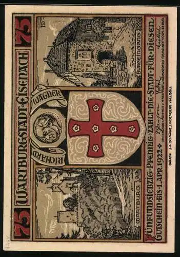 Notgeld Eisenach 1922, 75 Pfennig, Junker Jörg und Wartburg