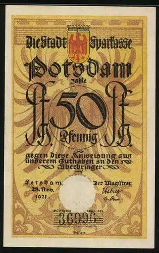 Notgeld Potsdam 1921, 50 Pfennig, Uniformierter Soldat mit Säbel zu Pferd