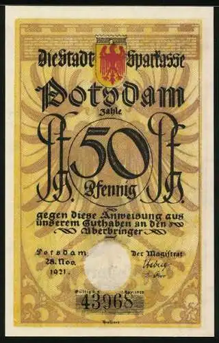 Notgeld Potsdam 1921, 50 Pfennig, Strippenjunge mit Säbel zu Pferd