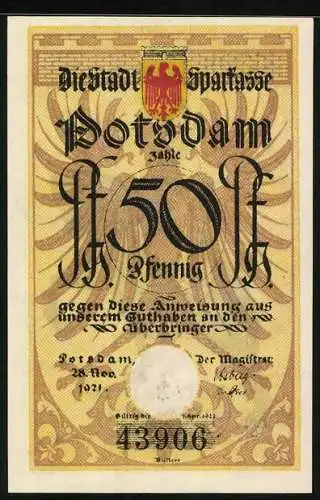 Notgeld Potsdam 1921, 50 Pfennig, Mehlsack bewaffnet zu Pferd