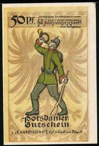 Notgeld Potsdam 1921, 50 Pfennig, Laubfrosch mit Horn in grüner Uniform