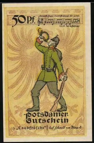 Notgeld Potsdam 1921, 50 Pfennig, Laubfrosch mit Horn in Uniform