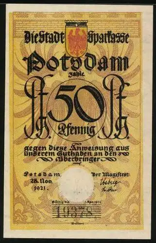 Notgeld Potsdam 1921, 50 Pfennig, Laubfrosch mit Horn in Uniform