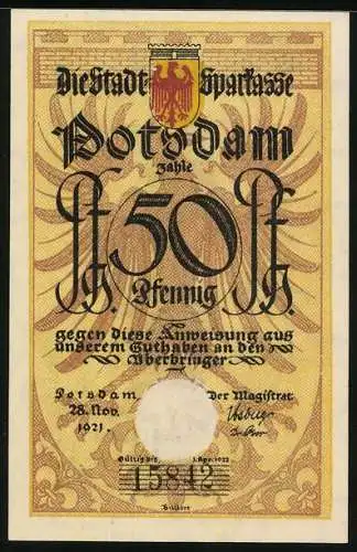 Notgeld Potsdam 1921, 50 Pfennig, Strippenjunge zu Pferd mit Säbel