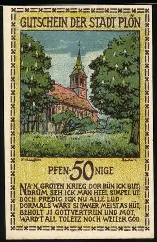 Notgeld Plön 1921, 50 Pfennig, Kirche und Hans Adolf