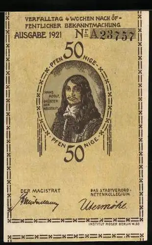 Notgeld Plön 1921, 50 Pfennig, Kirche und Gründer der Neustadt Hans Adolf