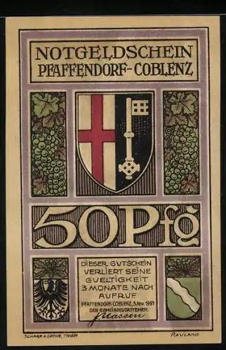 Notgeld Pfaffendorf-Coblenz 1921, 50 Pfennig, Landkarte mit Handschlag und Wappen