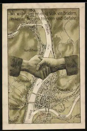 Notgeld Pfaffendorf-Coblenz 1921, 75 Pfennig, Wappen und Landkarte mit Handschlag