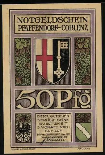 Notgeld Pfaffendorf-Coblenz 1921, 50 Pfennig, Wappen, Landkarte mit Handschlag