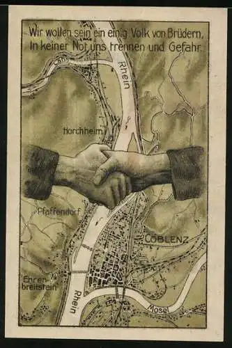 Notgeld Pfaffendorf-Coblenz 1921, 50 Pfennig, Wappen, Landkarte mit Handschlag