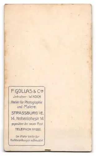 Fotografie F. Gollas & Cie, Strassburg i. E., Hohenlohestr. 14, Elegant gekleideter Her mit Oberlippenbart