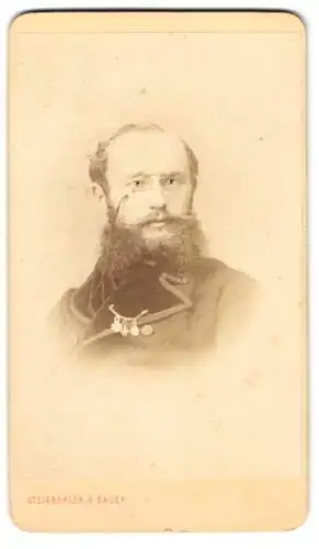 Fotografie Steinberger & Bauer, Frankfurt a. M., Veteran in Zivil mit Miniaturorden und Vollbart, 1872