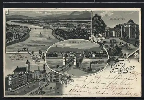 Lithographie Linz, Brücke und Urfahr, Franz Josef-Platz mit Domkirche, Volksgarten, Panorama