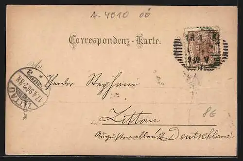 Lithographie Linz a. D., Franz Josef-Platz, Innere Landstrasse, Franz Josef-Warte und Totalansicht