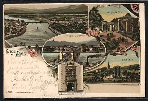 Lithographie Linz, Brücke und Urfahr, Volksgarten, Buchenau, Landhaus-Portal, Ortsansicht von der Franz Josef-Warte