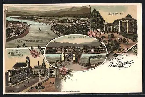 Lithographie Linz, Volksgarten, Franz Josef-Platz mit Domkirche, Brücke und Urfahr