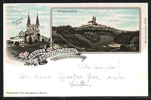 Lithographie Pöstlingberg, Wallfahrtskirche, Pöstlingberg mit Wallfahrtskirche