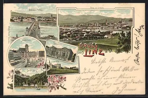 Lithographie Linz a. D., Brücke und Urfahr, Calvarienberg, Ortsansicht