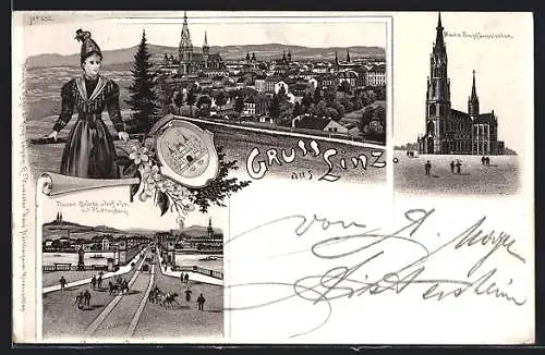 Lithographie Linz, Maria Empfängnissdom, Donaubrücke und Urfahr mit Pöstlingberg, Frau in Tracht vor der Stadt