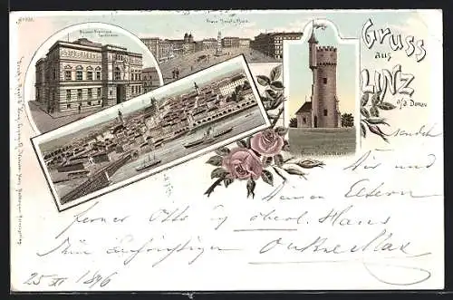 Lithographie Linz a / d. Donau, Franz Josefs Platz, Museum Franzisca Carolineum, Franz Josefs Warte