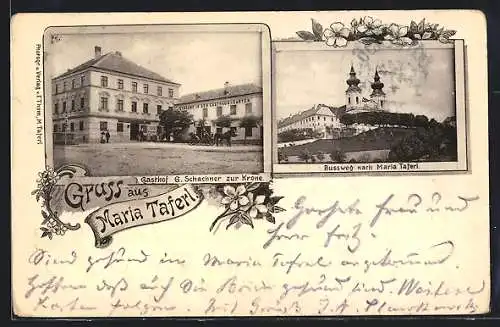 AK Maria Taferl, Gasthof G. Schachner zur Krone, die Kirche