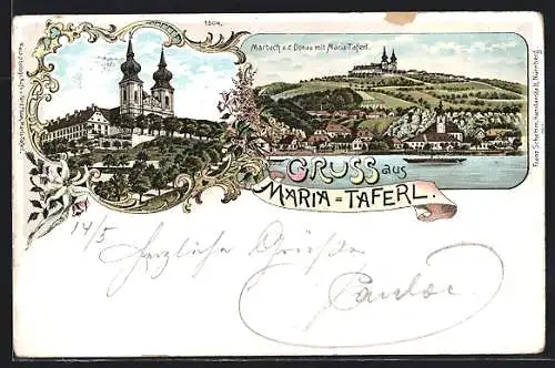 Lithographie Maria Taferl, Wallfahrtkirche, Panorama mit Marbach