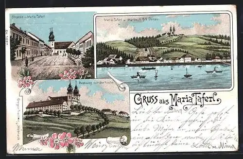 Lithographie Maria Taferl, Bussweg mit der Kirche, Ortsansicht über Marbach a. d. Donau