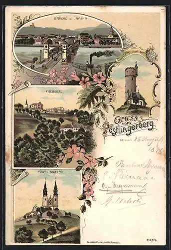 Lithographie Pöstlingberg, Franz-Josef-Warte, Freinberg, Brücke und Urfahr in Linz