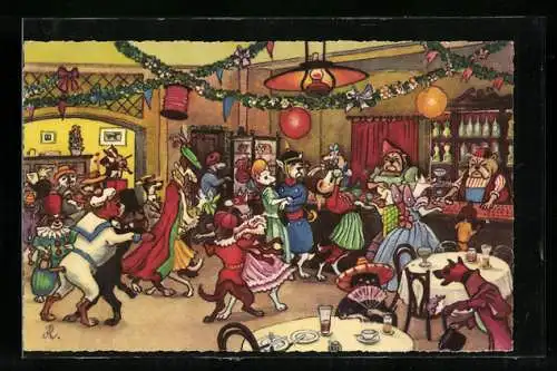 AK Hundepaare beim Tanz auf einer Feier, vermenschlichte Tiere