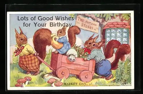 Künstler-AK Market Day, Eichhörnchen-Familie kommt vom Markt, vermenschlichte Tiere