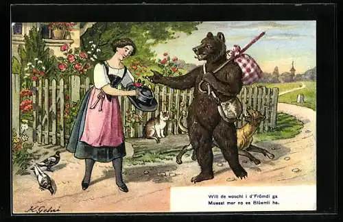 AK Frau mit Hut von Bär mit Sackerl, vermenschlichte Tiere