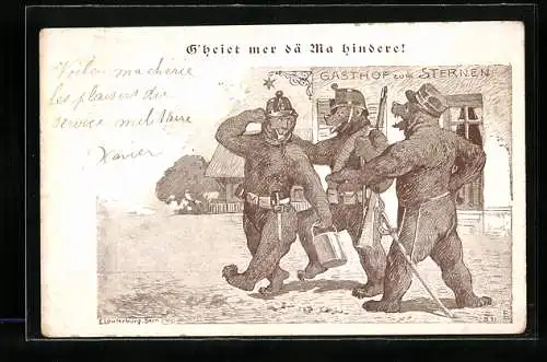 AK Drei Bären als Soldaten am Gasthof zum Sternen, vermenschlichte Tiere