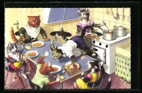 Künstler-AK Katzenkinder zanken sich beim Mittagessen