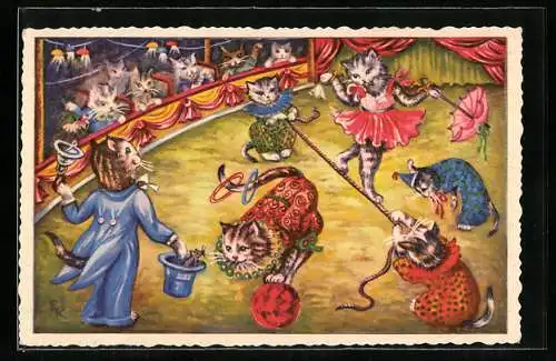 AK Katzen als Akrobaten im Zirkus