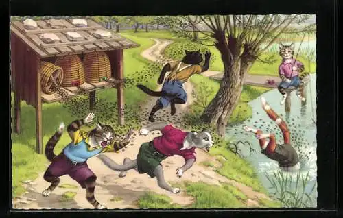 Künstler-AK vermenschlichte Katzenjungen flüchten vor einem Schwarm Bienen in den See