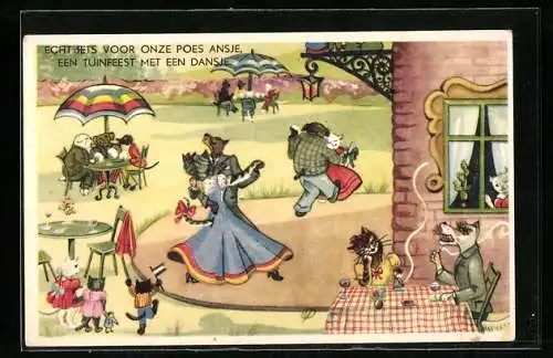 AK Idyllischer Tanzabend im Garten, vermenschlichte Tiere