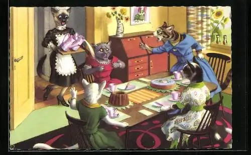 Künstler-AK Malheur beim Kaffeekränzchen der Katzen