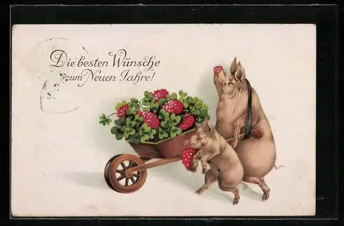 AK Glücksschweine mit Schubkarre, Glücksklee, Glückliches Neues Jahr