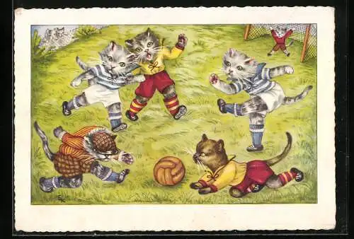 AK Kater spielen Fussball, vermenschlichte Tiere